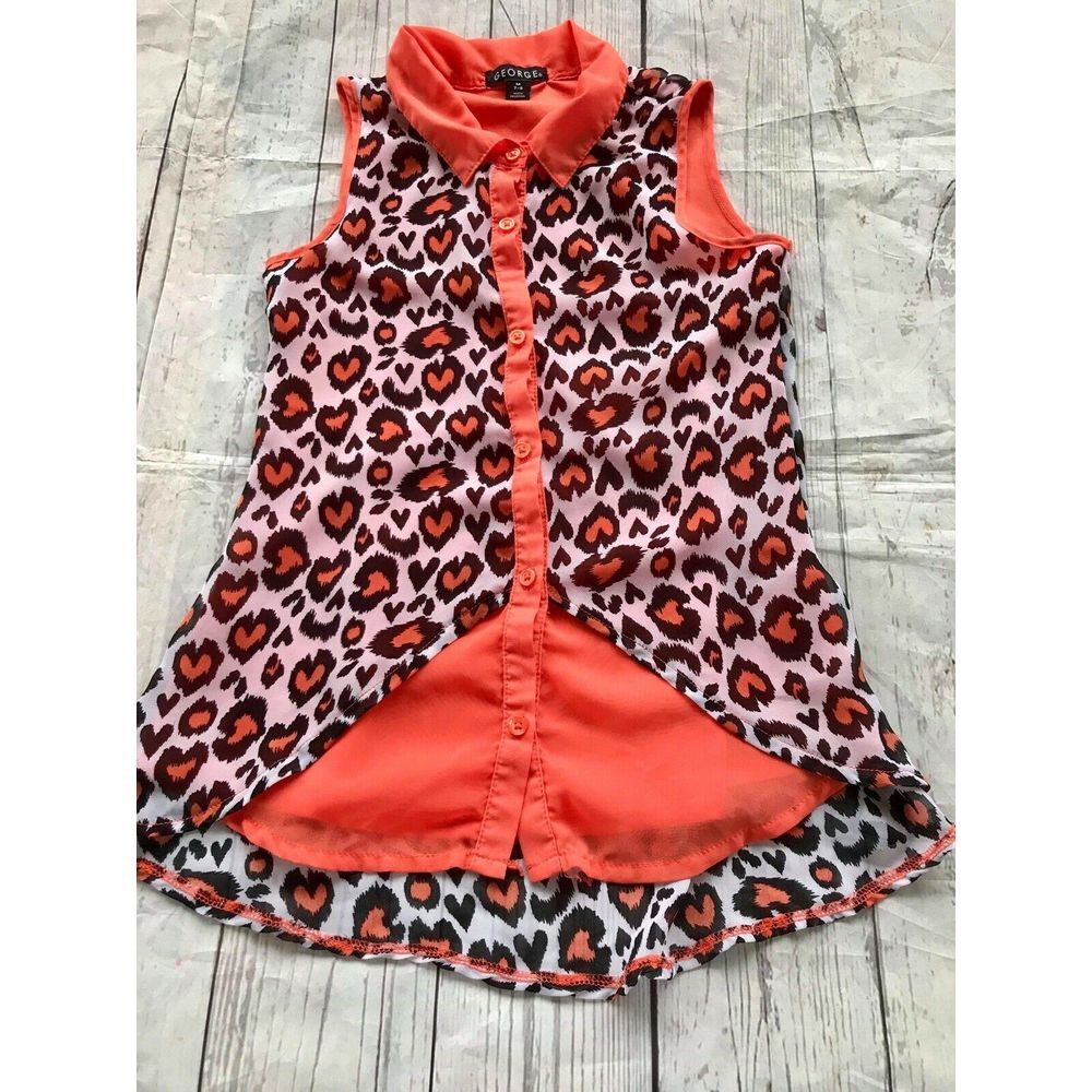 George Girls Orange Cheetah Animal Print Button Down Blouse Size Medium 7/8